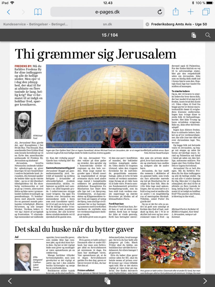 Thi græmmer sig Jerusalem, Michael Ford, Frederiksborg Amts Avis 16.12.2017
